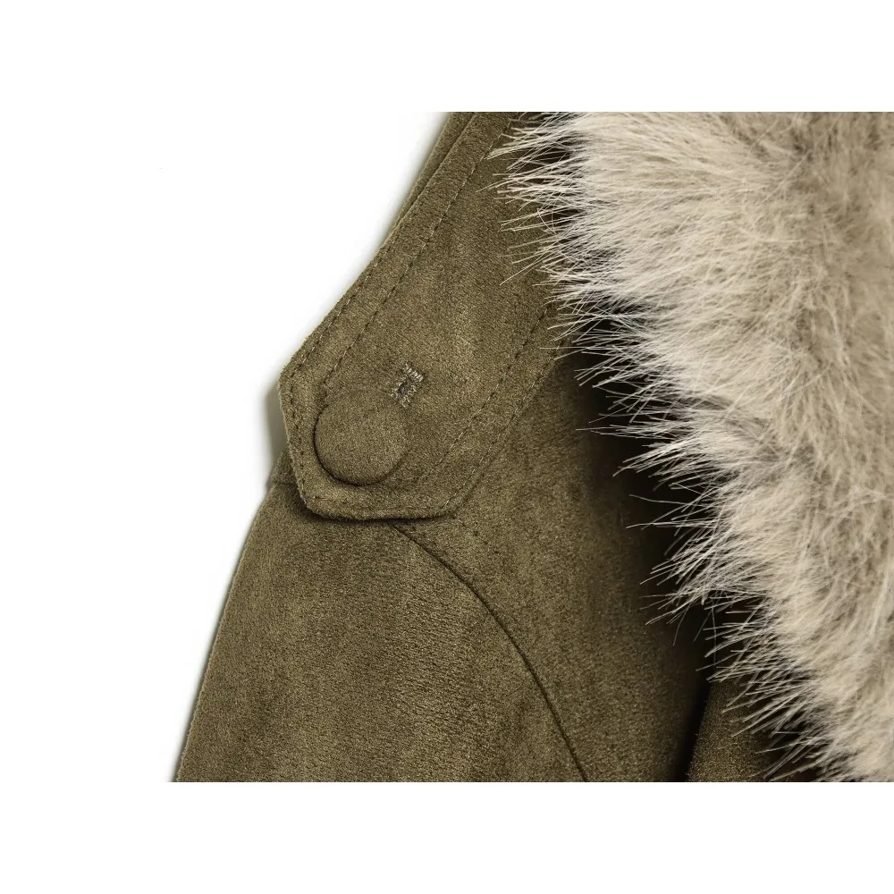 Elegant Women Suede Leather Jacket with Fur and Elastic Hem New Notched Lapel Collar Outwear with Removable Contrasting Faux Fur