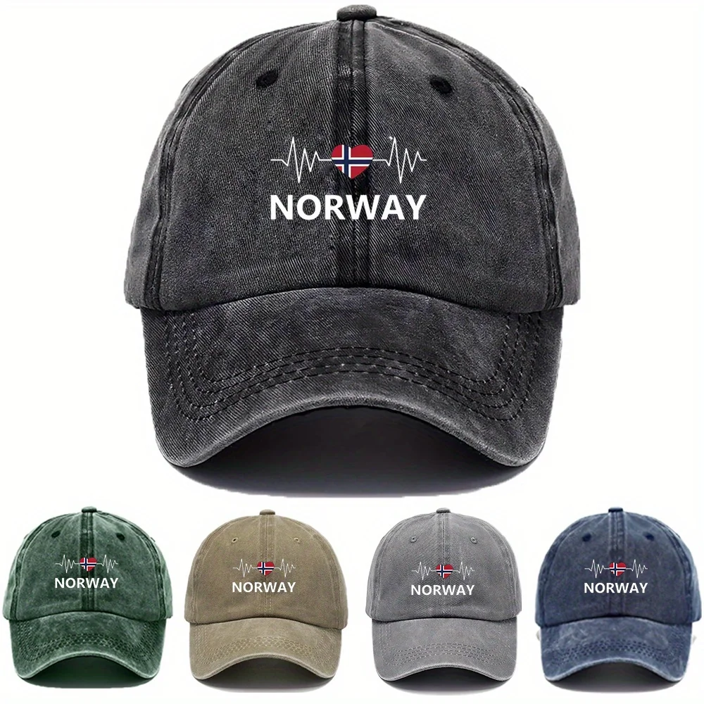 1 Stück verstellbare, gewaschene Baseballkappe mit norwegischer Flagge und Herzschlag-Aufdruck, Schriftzug NORWAY – leichte Retro-Unisex-Mütze für Ou