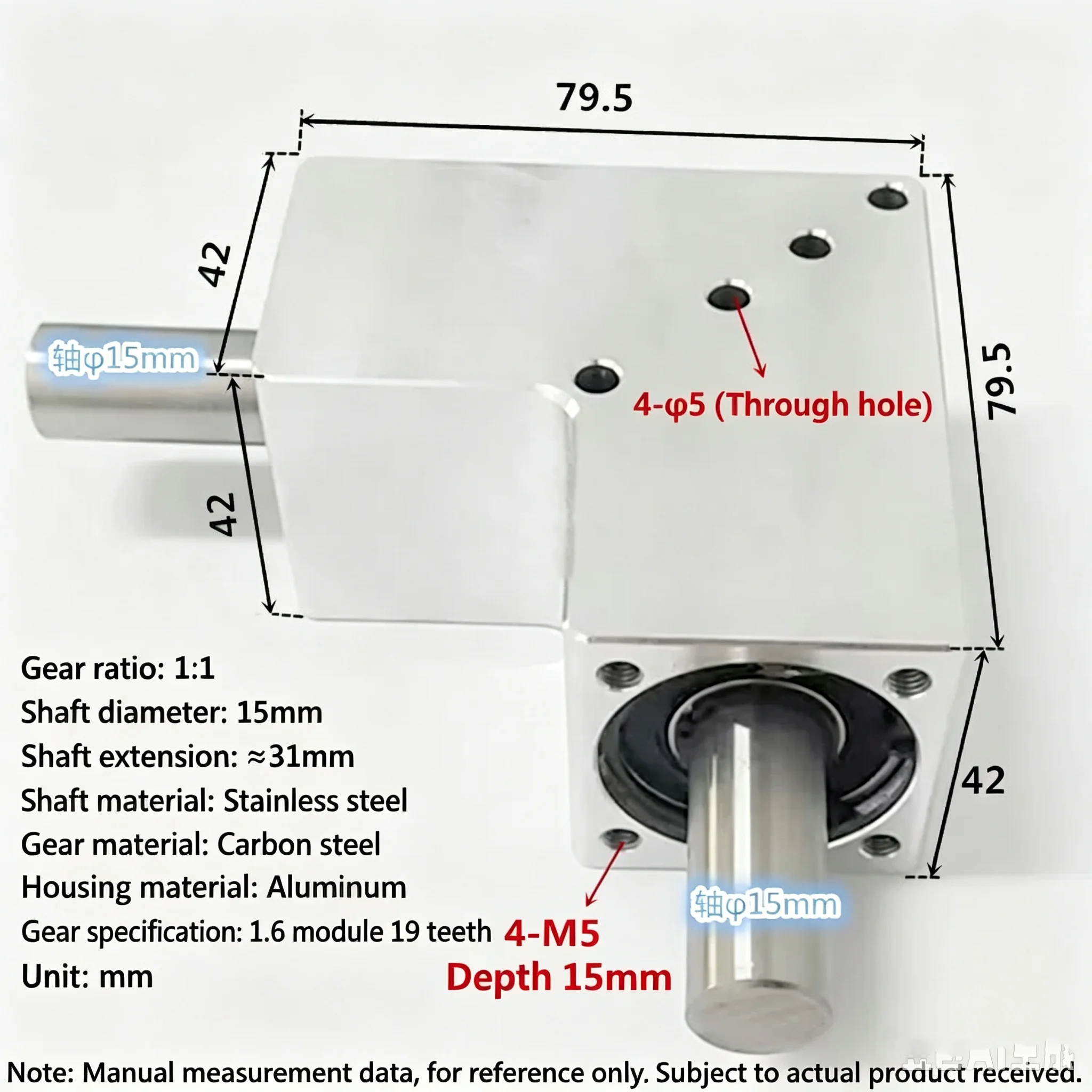 90-Degree Angular Gearbox with a Reduction Ratio of 1:1 and a Shaft Diameter of 15 Millimeters—Compact Helical Bevel Gearbox