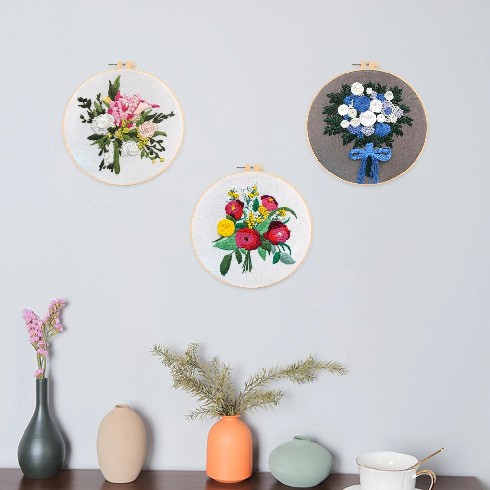 Ribbon Embroidery Kits DIY with Embroidery Hoop, Pastoral Floral Full Sheet Set, for Beginner Embroidery Craft Kit Wall Painting