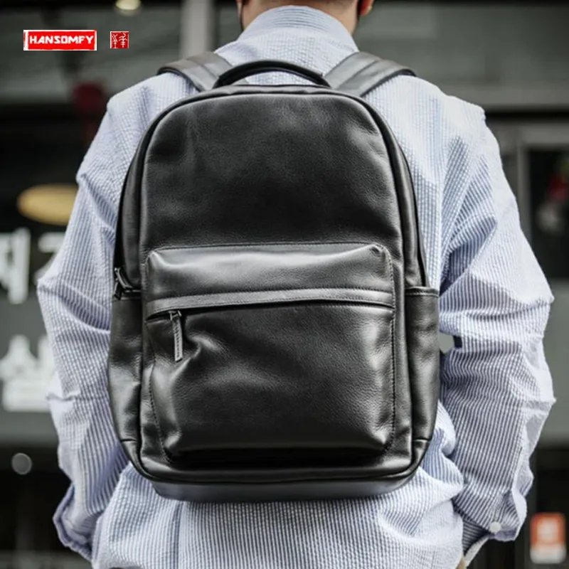 Original Leather Backpack Men's Business Casual Computer Bag Large Capacity Cowhide Commuter Backpack Student Schoolbag