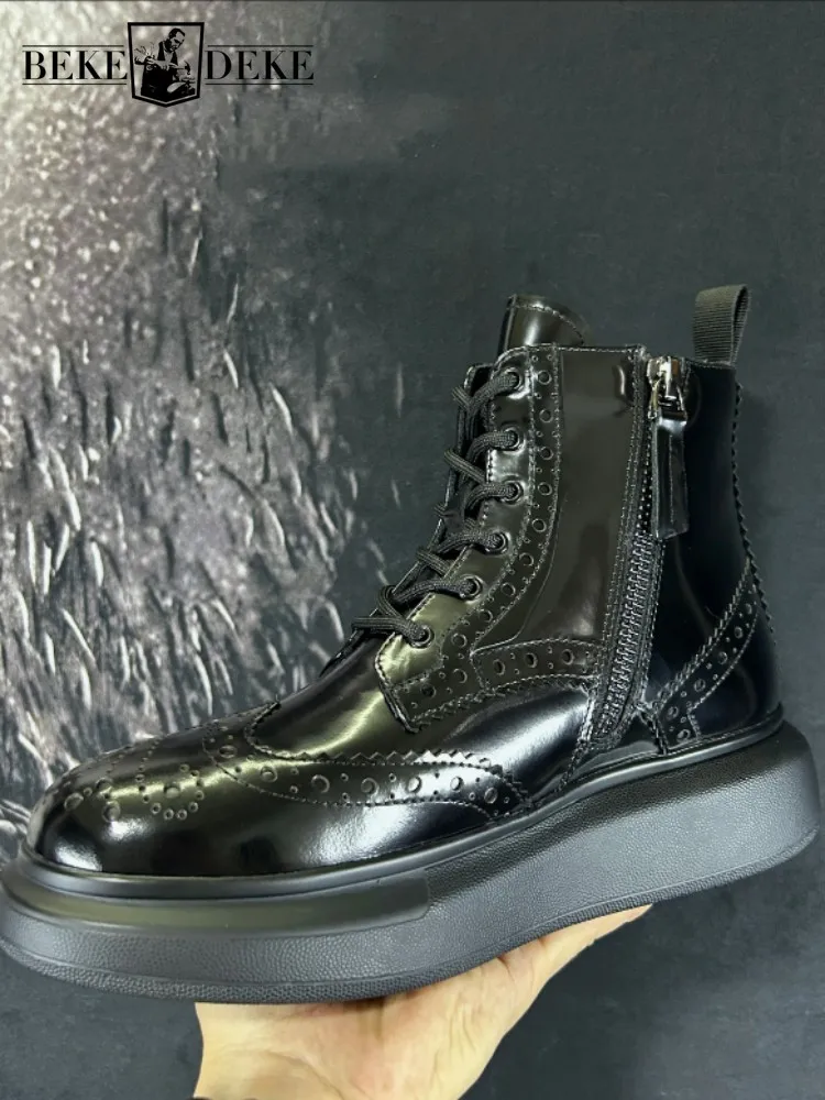 Autumn Mens Genuine Leather Short Boots British Style Business Platform High Top Brogue Shoes Winter Plush Liner Ankle Boots