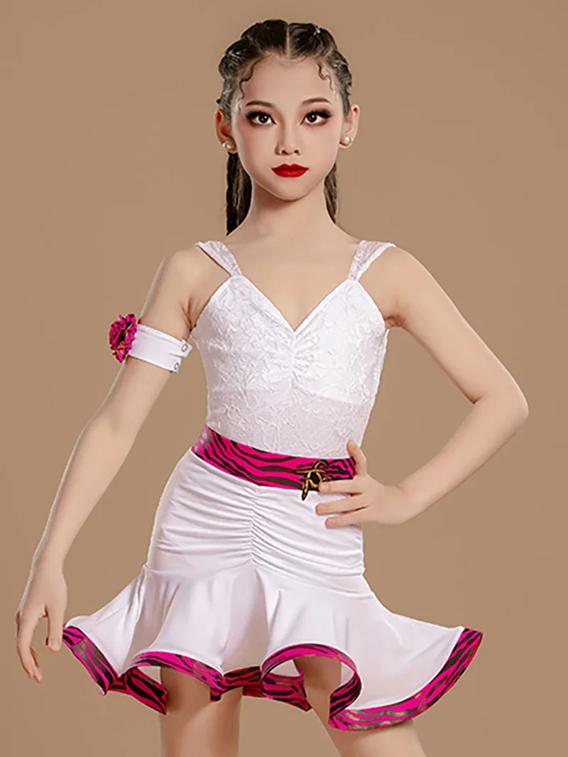 Costume da ballo latino per bambina, body in pizzo senza maniche, senza schienale e gonne lunghe, set da allenamento per bambini, abbigliamento da ballo per sala da ballo