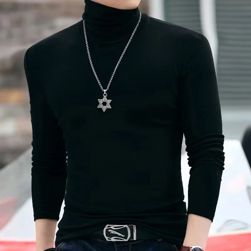 Luxury Men's Casual High Neck Knitted Sweater Autumn and Winter Top Slim Fit Collar Long Sleeved Underwear Walking Men's T-Shirt