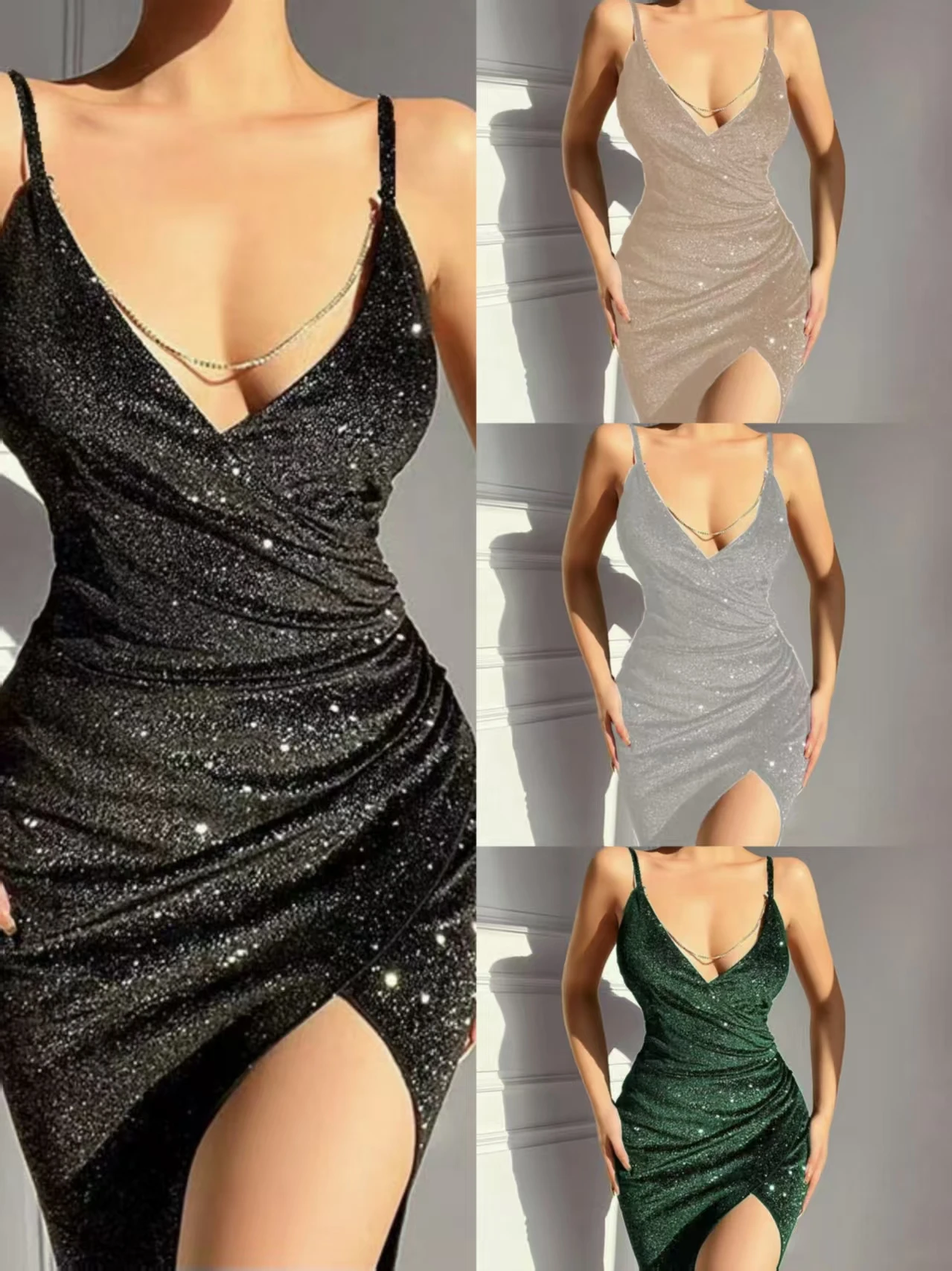 

Новое сексуальное блестящее платье с глубоким V-образным вырезом и тонкими бретелями, с высоким разрезом