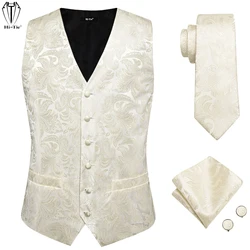 Designer Beige Champagne Ivory Khaki Mens Vest Necktie Set Jacquard Waistcoat Jacket Tie Hankerchief Cufflinks for Men Gift