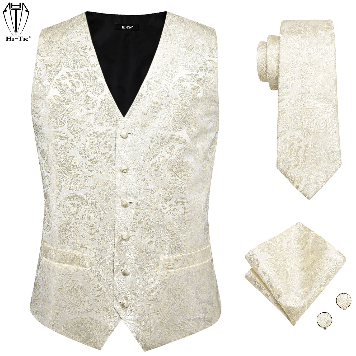 Designer Beige Champagne Ivory Khaki Mens Vest Necktie Set Jacquard Waistcoat Jacket Tie Hankerchief Cufflinks for Men Gift