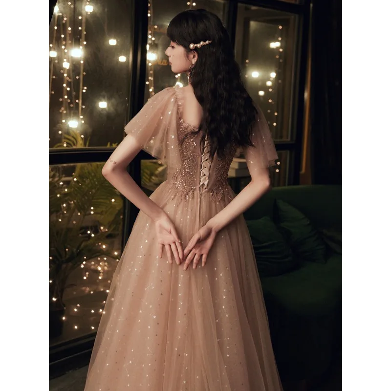 

New Women's Summer Banquet Pink Glitter One Shoulder Evening Dress Fashionable Fairy Style Long Elegant Host Dress