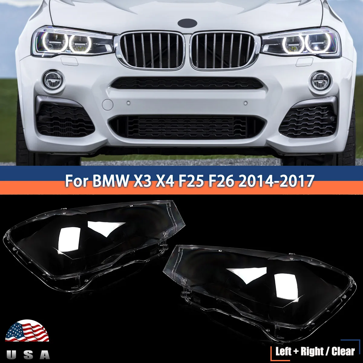 Front Head Light Cover For Bmw X3 X4 F25 F26 Diesel SUV 2014 2015 2016 2017 Headlight Lens Cover Replacement Left Right Pair