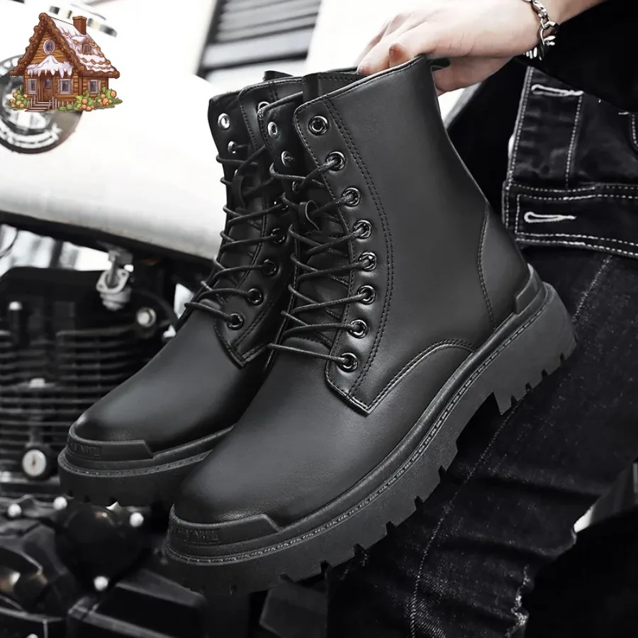 

Black Men's Casual Leather Boots Fashion Winter Men Work Boot Mens Shoes Non-slip Designer High Top Ankle Boots Motorcycle Shoes