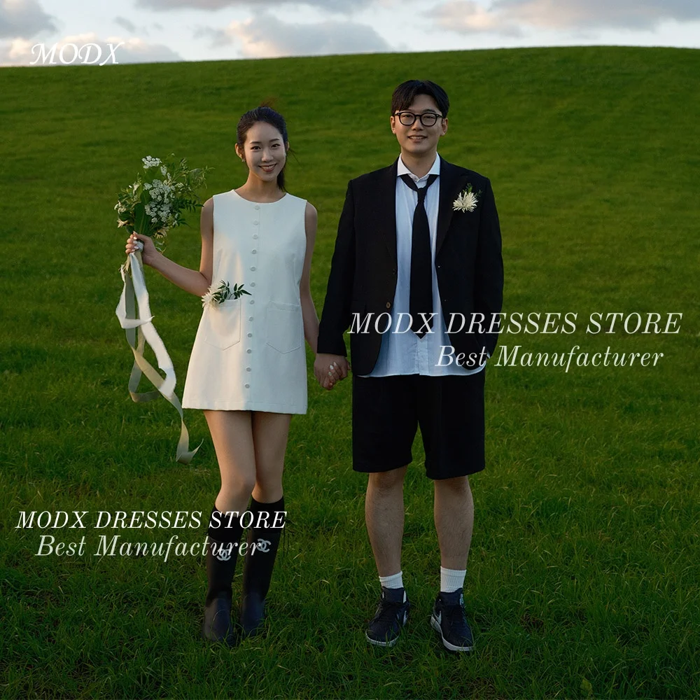 

MODX Simple O-Neck Satin Short Korean Wedding Dress Sleeveless Bridal Gown Floor Length Vestidos Novias Boda Women Customized