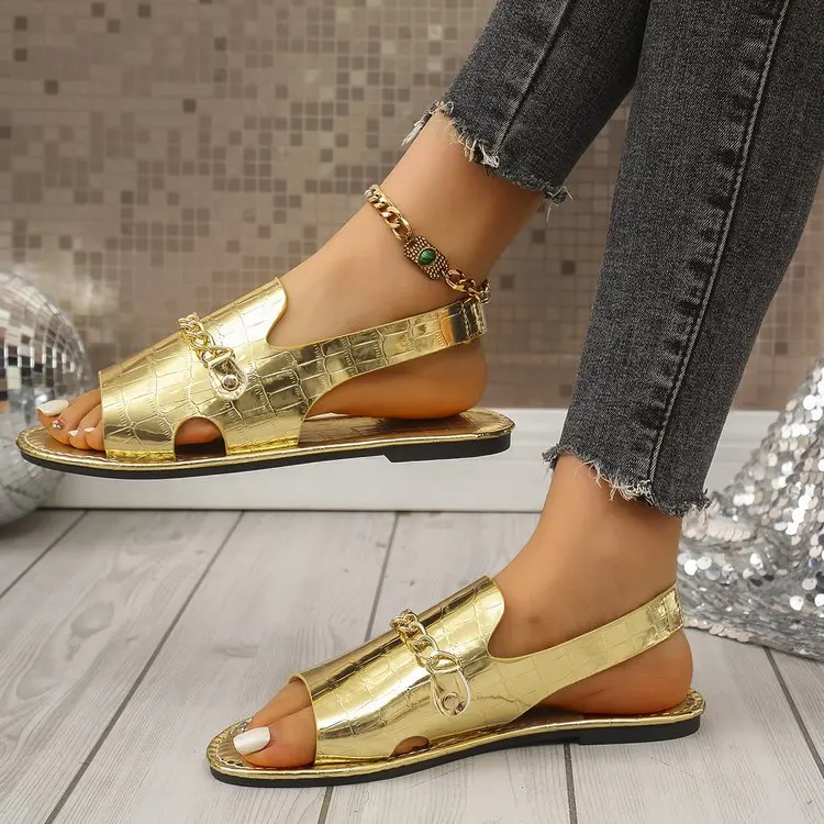 Damen Glitzer-Gold-Pantoletten Sommer Metallic Strukturierte Sandalen mit Ketten-Dekor Große Größen Offene Zehen Flache Slides Damen-Hausschuhe – Detail 2