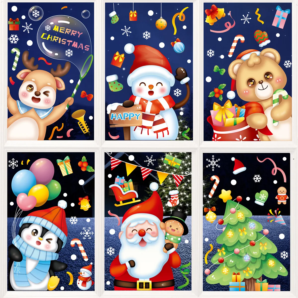 New Christmas Cartoon Window Stickers PVC Electrostatic Cute Reindeer Snowman Santa Claus Glass Decal Merry Xmas Home Decoration