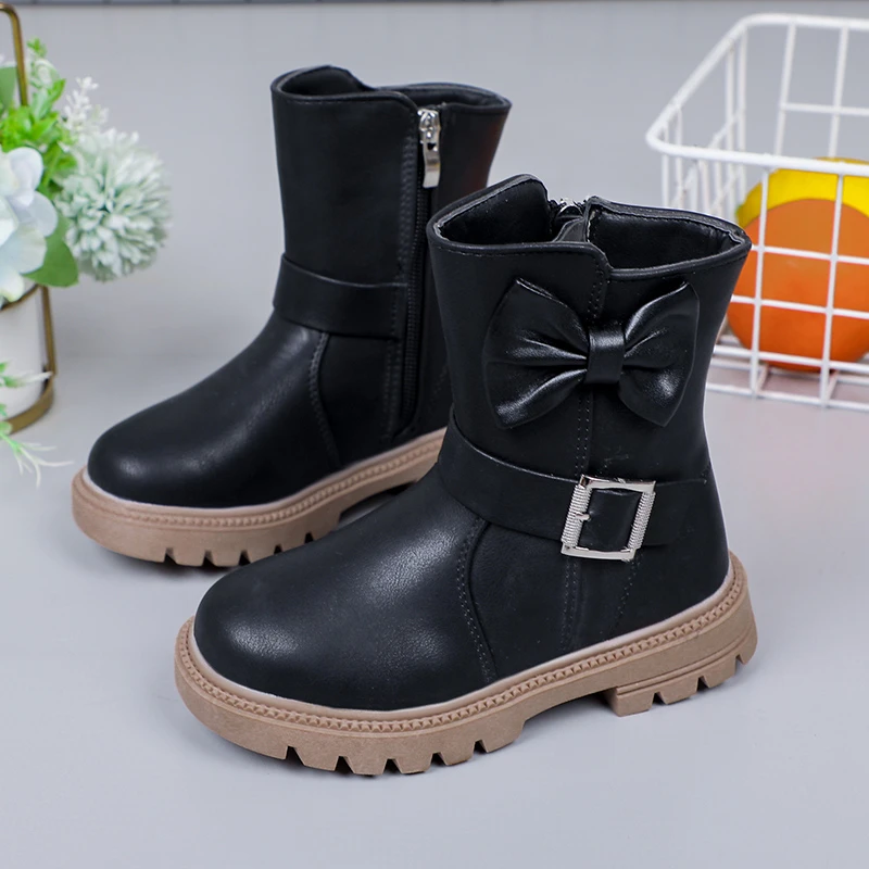 Botas monocromáticas femininas com fivela, sapatos de criança, sapatos casuais infantis, simples, versátil, arco, moda, primavera, novo, 2023