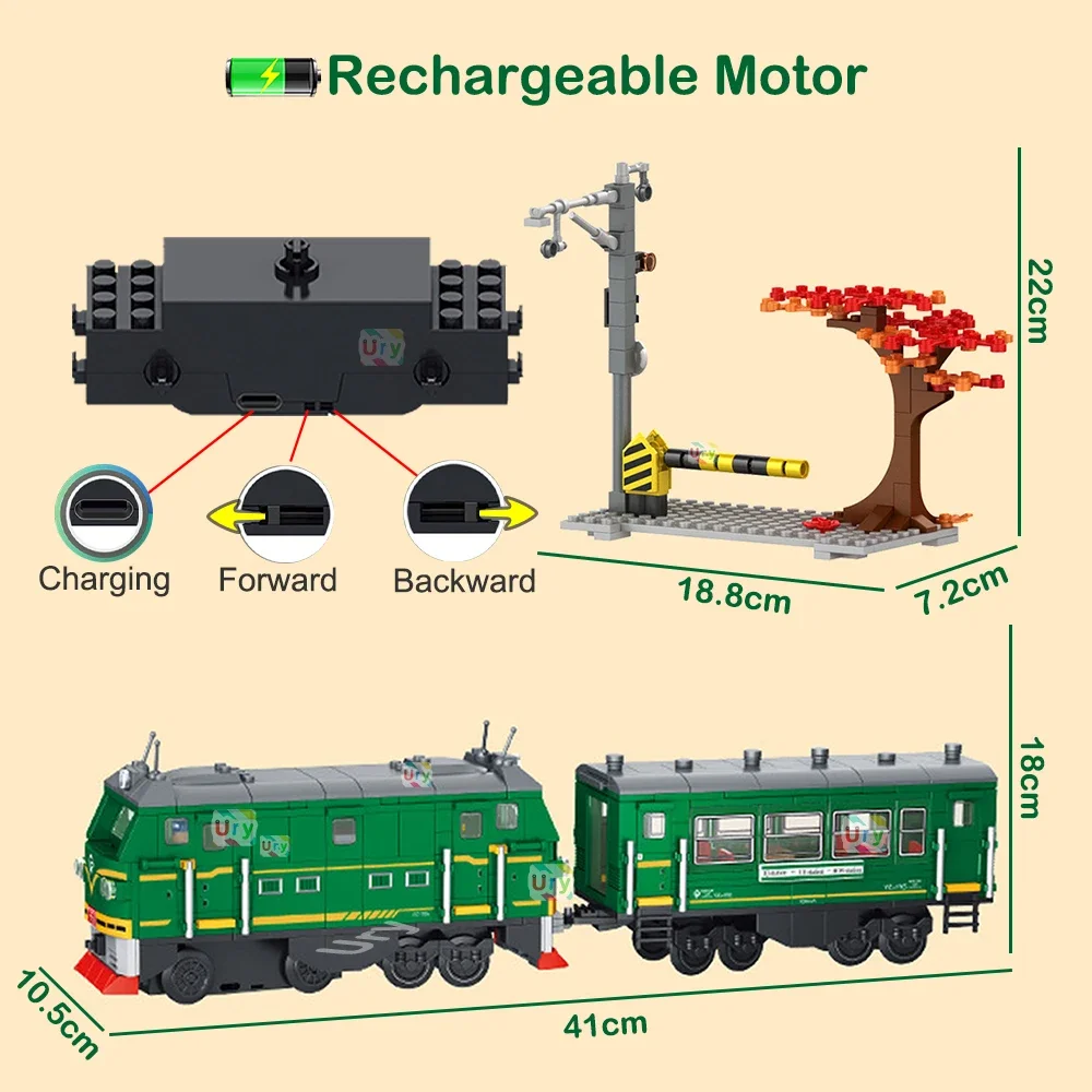 Technical Retro Green Steam Train City Car Electric Model Rechargeable Lithium Battery Motor Building Blocks Toys For Boy Gifts