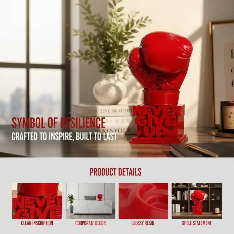 [J] 3D Printed Never Give Up Boxing Glove Figurine Inspirational Desk Decor Motivational Sculpture for Office Home Gift Birthday