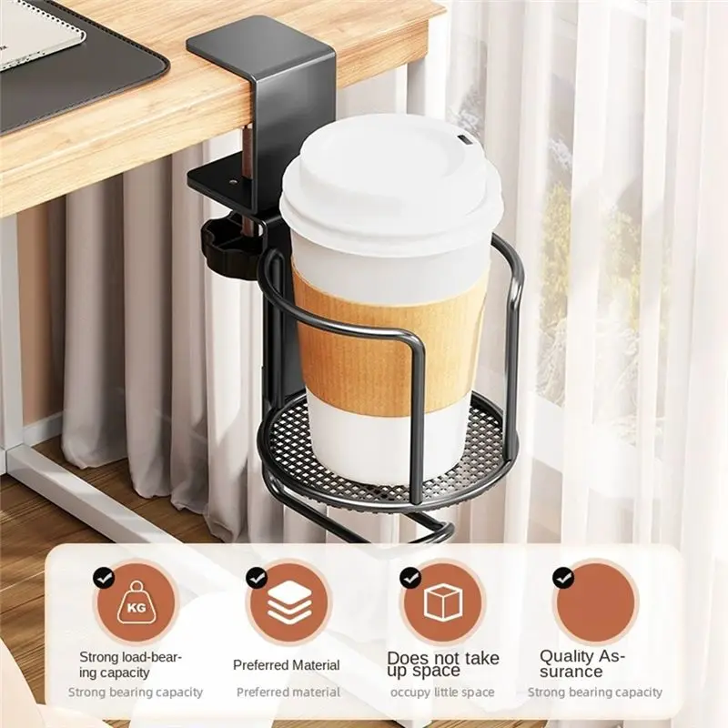B86B 2PCS 2 in 1 Desk Cup Holder with Headphone Hanger Anti-Spill Clip-on Table Cup Hook 360° Rotation