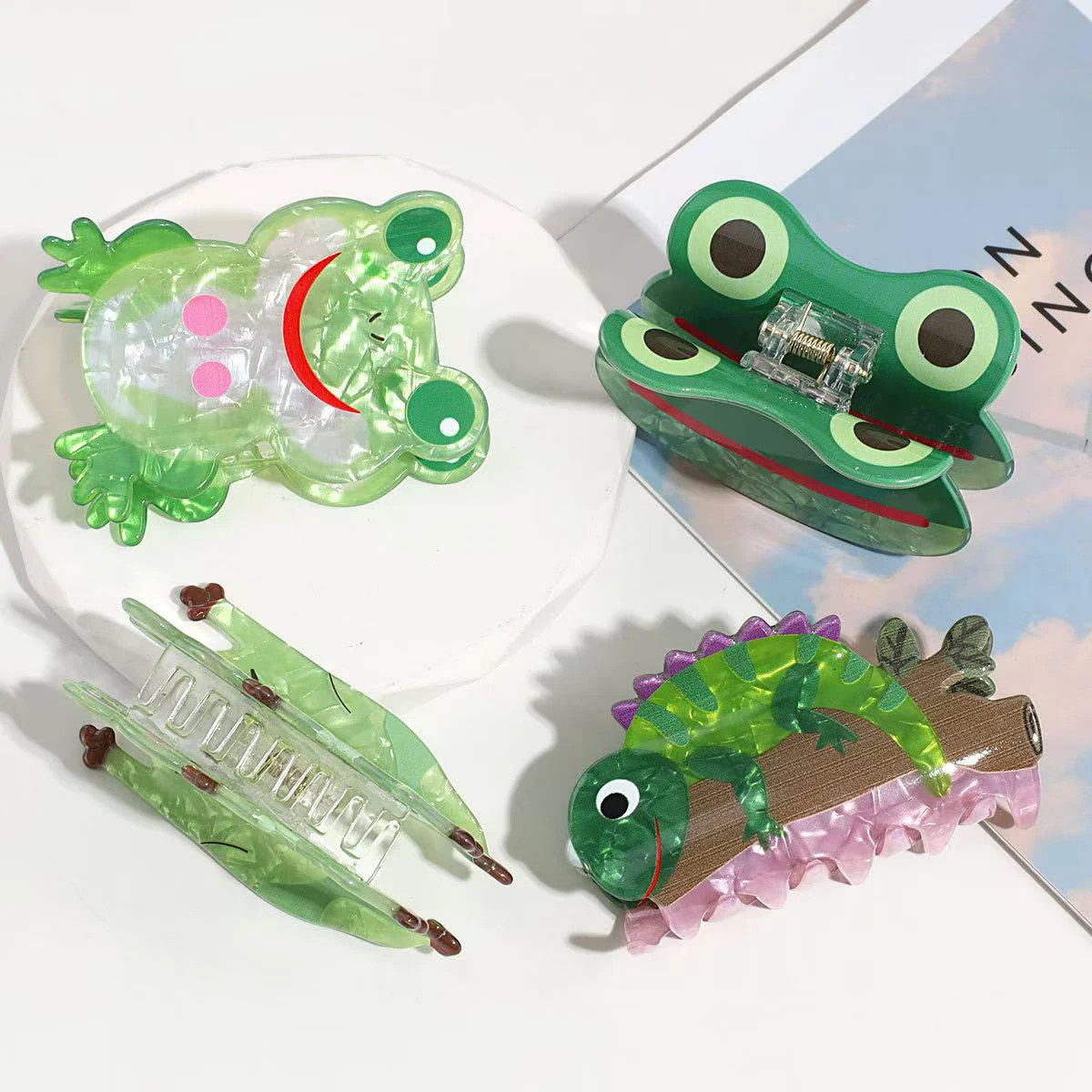 1 Stück Cartoon-Frosch-Haarspange, lustige, kreative Tier-Acetat-Haarspange, wilde mittlere Halb-Haarspange, Haar-Accessoire – Detail 3