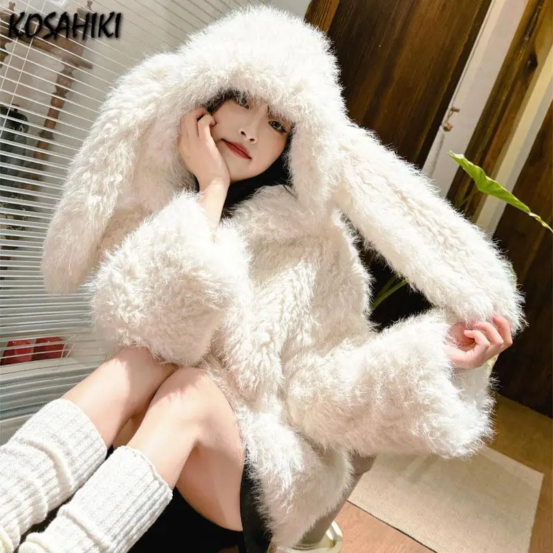 Y2k Aesthetic All Match Fluffy Women\'s Coats Warm Vintage Rabbit\'s Ears Casual Jacket Japanese Winter Fashion Loose Sweet Tops