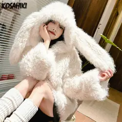 Y2k Aesthetic All Match Fluffy Women's Coats Warm Vintage Rabbit's Ears Casual Jacket Japanese Winter Fashion Loose Sweet Tops