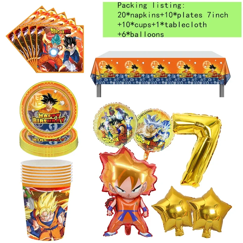 Dragon Ball Birthday Party Decoration Set, Pratos, Copos, Guardanapos, Toalha de Mesa, Número Balão, Son Goku, Meninos, Meninas, Fontes de Festa, 47pcs