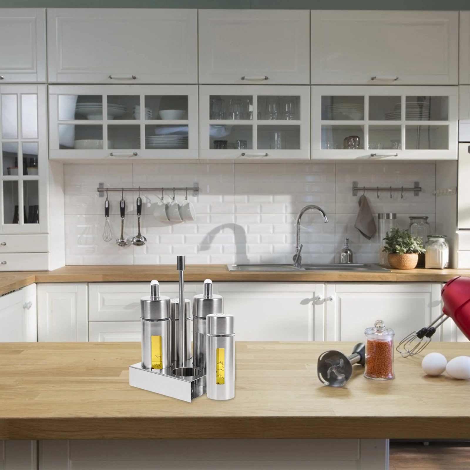 

Stainless Steel Seasoning Bottles Set Base Stand Removable Condiment Containers Transparent Design For Kitchen Home Salt