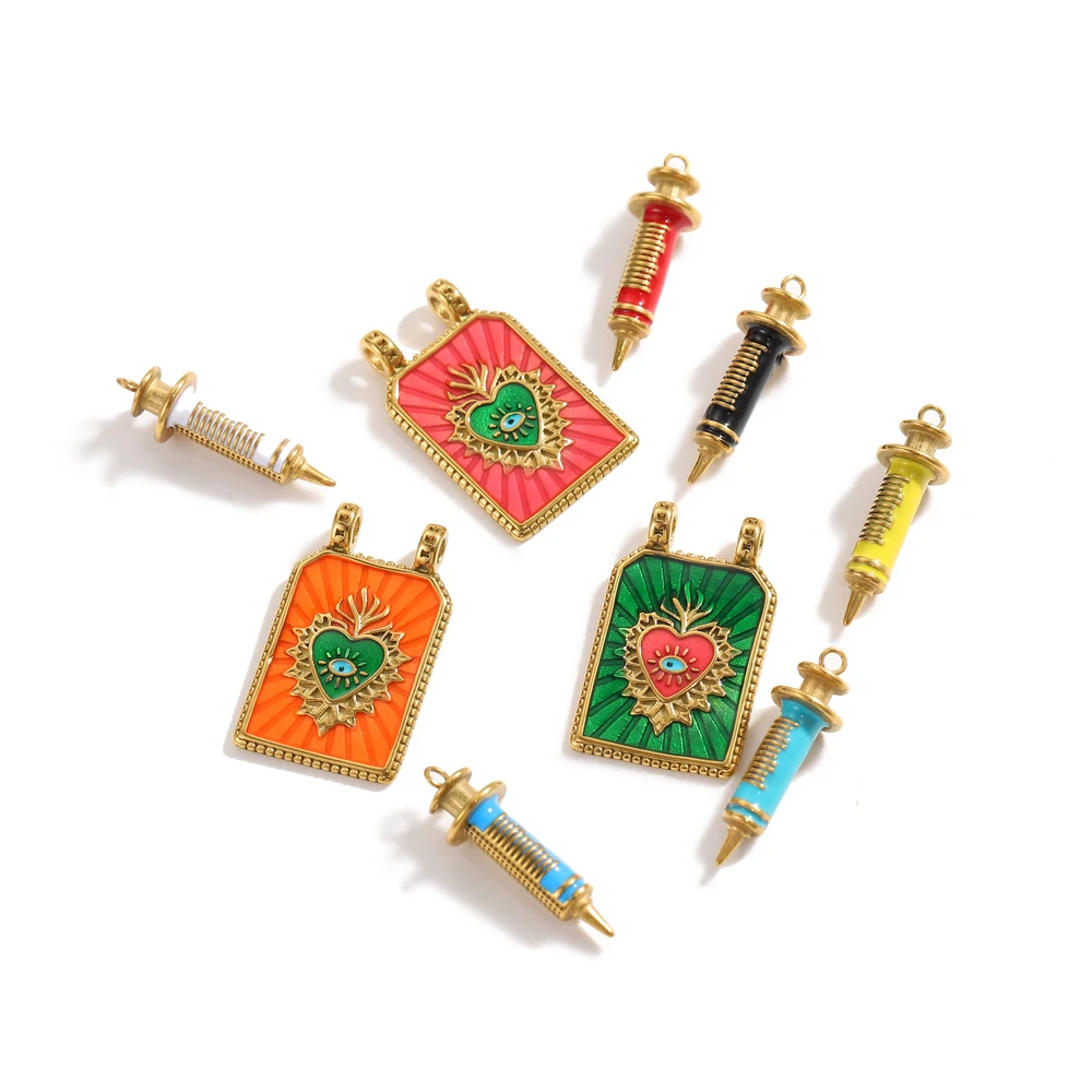 CARLIDANA Fashion Hot Sales Gold Plated Hospital Series Syringes Heart Shape Evil Eyes Enamel Tarot Charm Pin Pendant for Woman