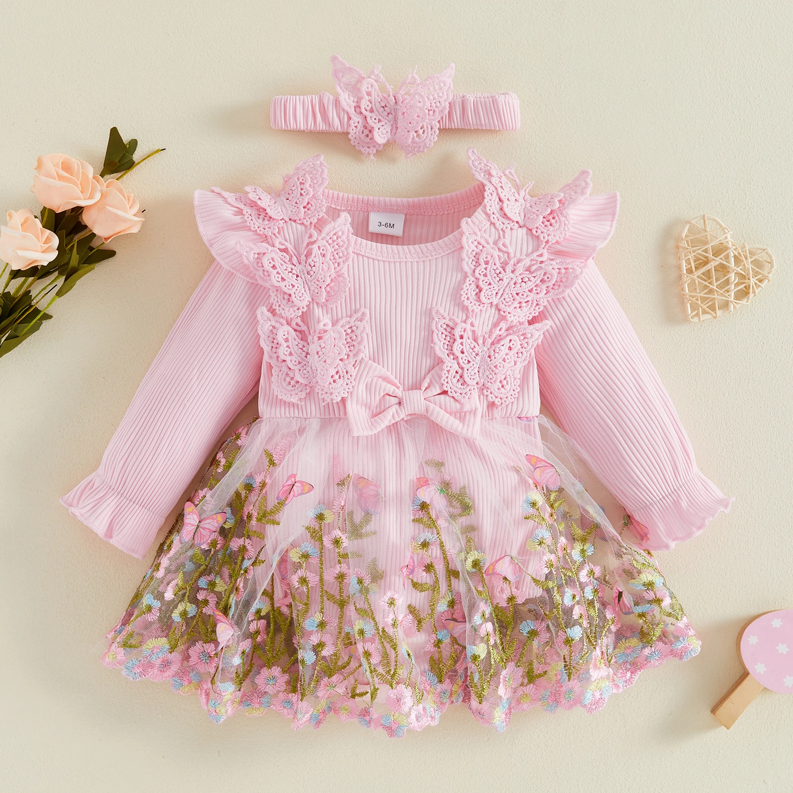Baby Girl Romper Dress Flower Embroidery Layered Tulle Butterfly Decor Long Sleeve Infant Bodysuits Jumpsuits with Headband