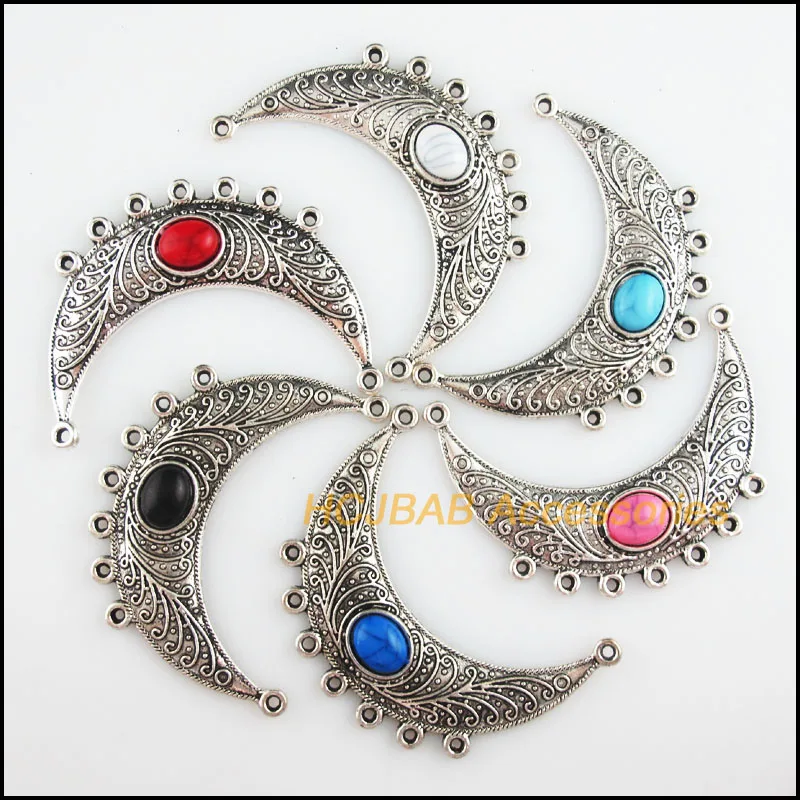 Fashion 6Pcs Tibetan Silver Tone Retro Moon Mixed Acrylic Oval Charms Connectors 41x52mm