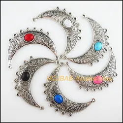 Fashion 6Pcs Tibetan Silver Tone Retro Moon Mixed Acrylic Oval Charms Connectors 41x52mm