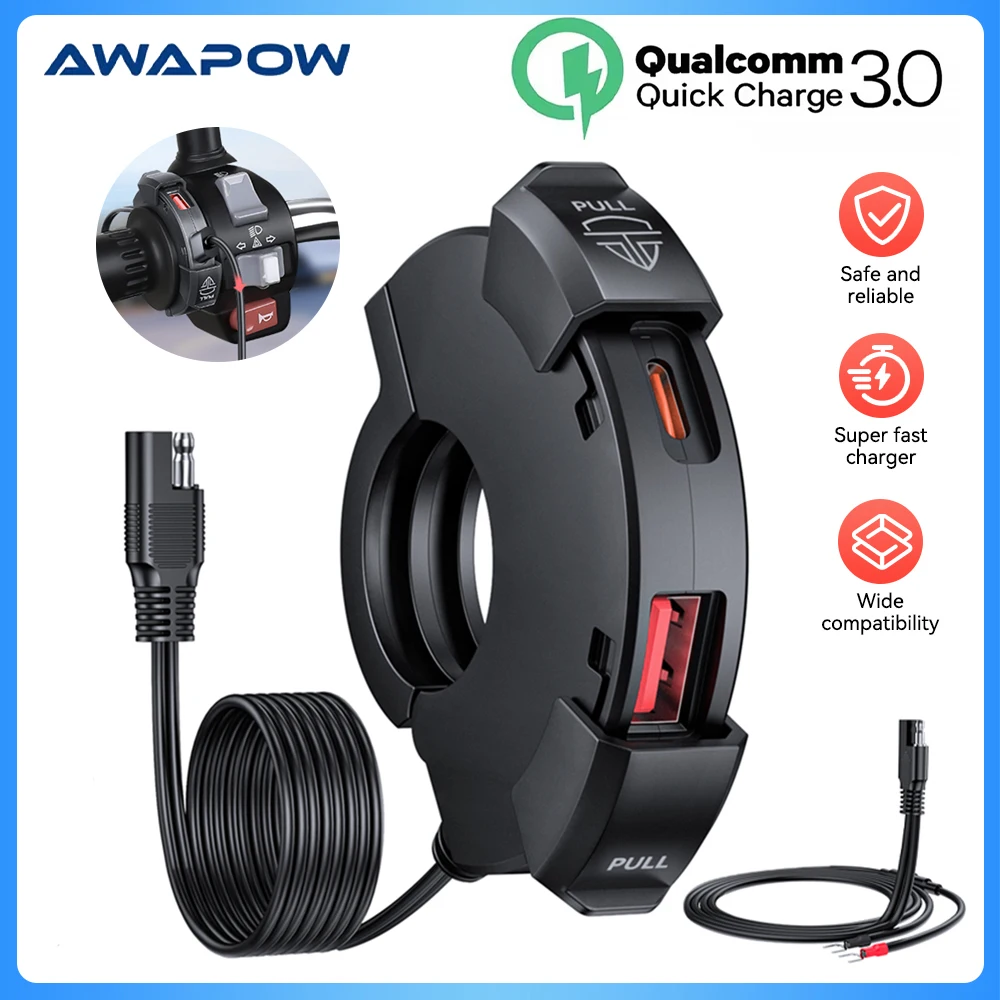 Awapow 12V Motorcycle Usb Fast Charger Waterproof Socket With Type C Cell Phone Port Power Outlet Mobile Chargers Plug