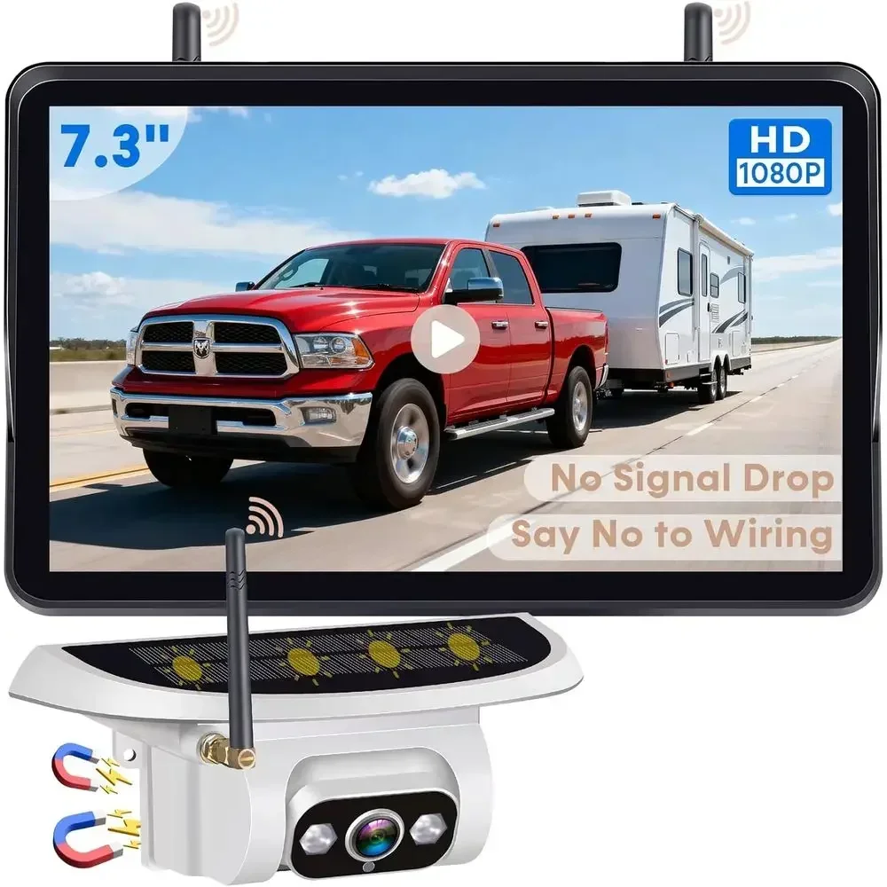 Caméra de recul sans fil pour camping-car remorquable : Signal magnétique longue portée sans câblage en 1 seconde pour les camping-cars des séries Thor/Forest River - 7,3 pouces