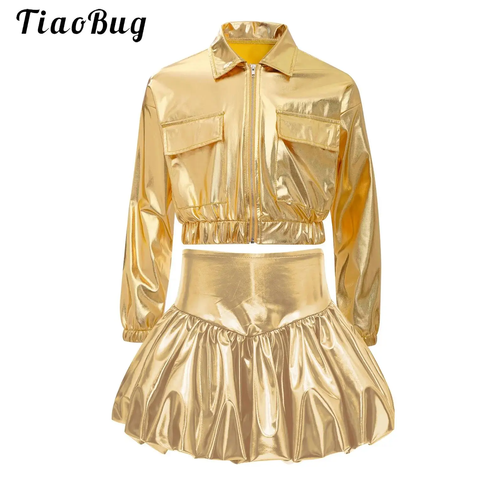 Kids Girls Metallic Shiny Hip Hop Jazz Dance Outfit Flap Pockets Long Sleeve Zipper Bomber Jacket +Bubble Skirt Disco Streetwear