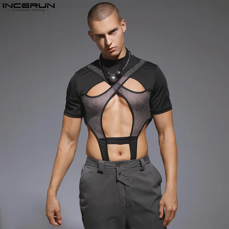 

INCERUN 2023 Sexy New Men's Bodysuits Hollowed Deconstructed Mesh Jumpsuits Spliced Triangle Short Sleeve Homewear Rompers S-3XL