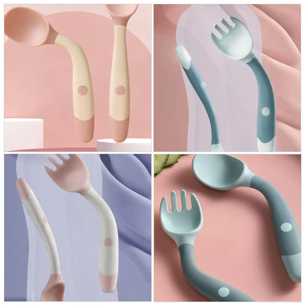 

2Sets Baby Bendable Spoon Fork Kit Toddler Eating Training Cutlery Non-Slip Handle Flexible Feeding Tableware Toddler Baby Spoon