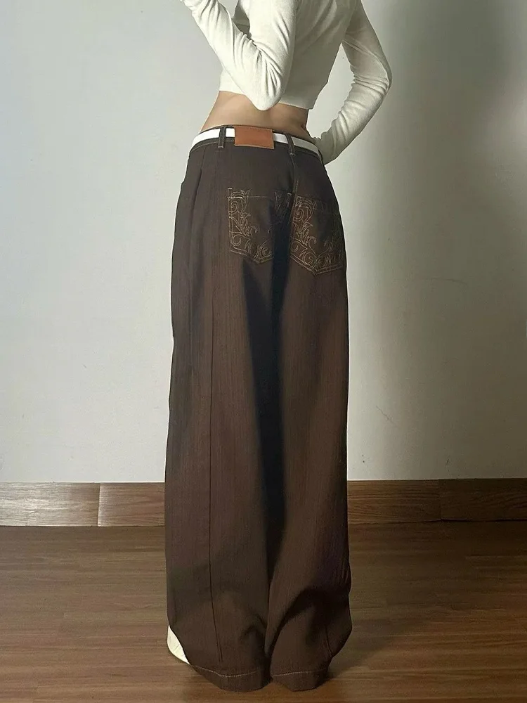 

Retro American Washed Striped Embroidered Wide Leg Floor-Length Jeans High Waist Distressed Denim Pants for Women