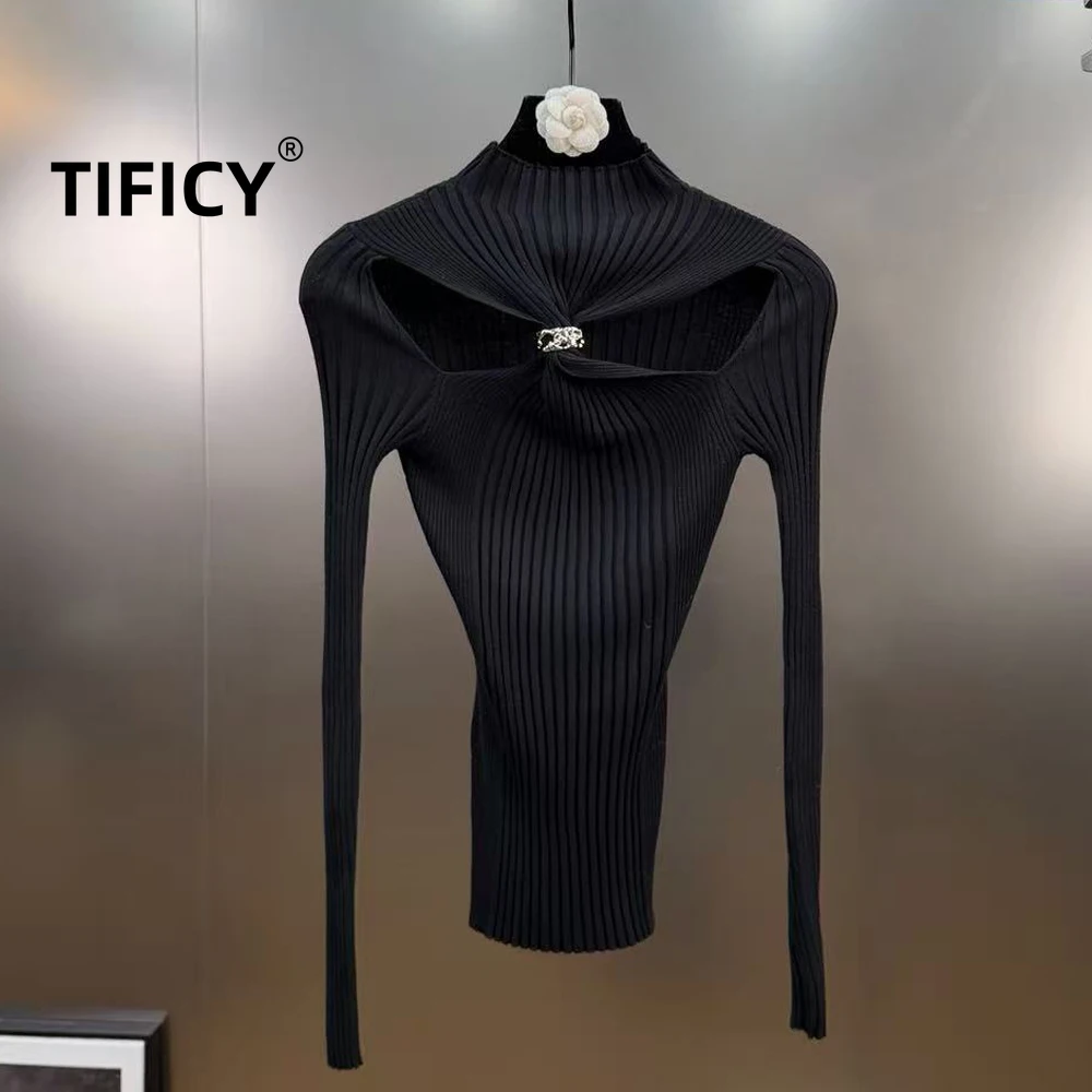 High Street Tshirts Women's Spring Semi High Neck Drill Button Hole Hollow Knit Sweater Slim Fit and Slimming Sweater Tshirt Top