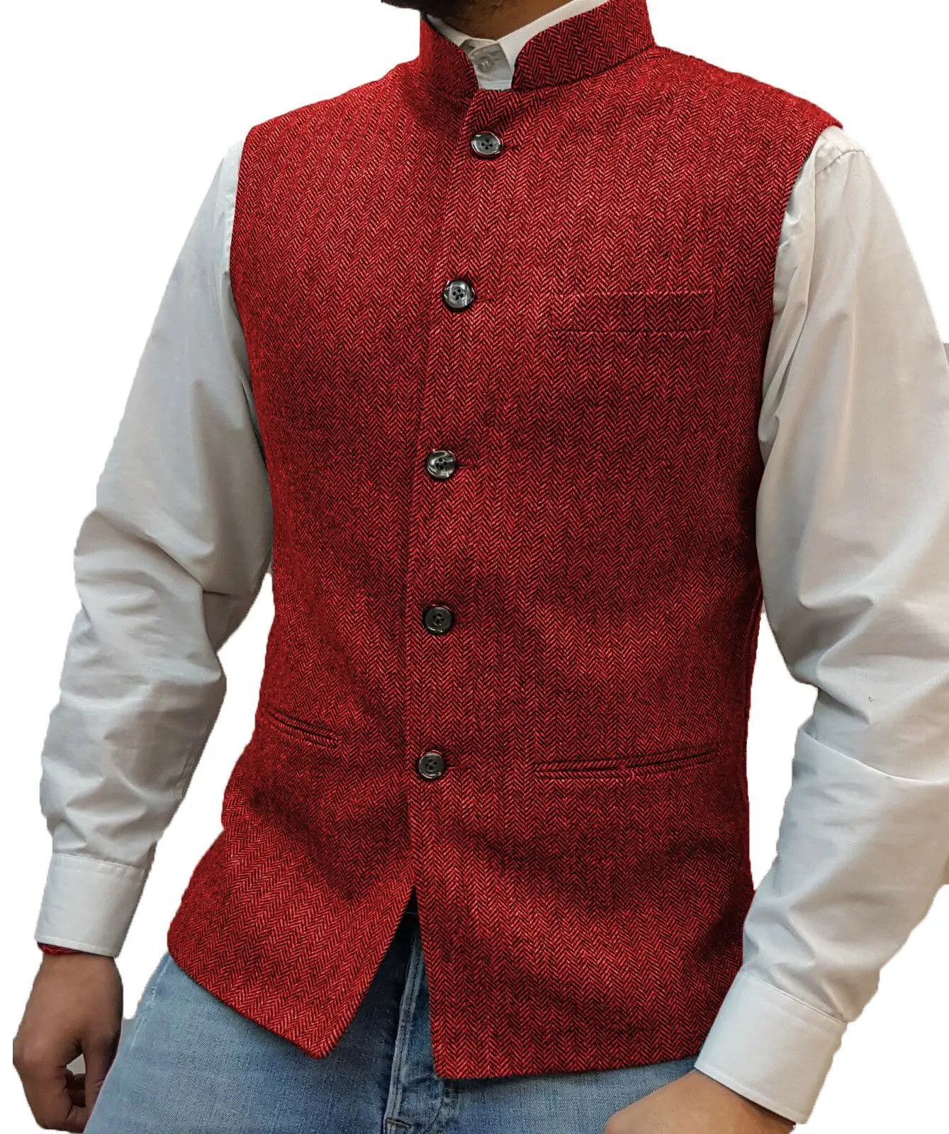 

Tanding Collar Zhongshan Style Men's Suit Vest Herringbone Vintage Wedding Groomsmen Tweed Vest Waistcoat for Men