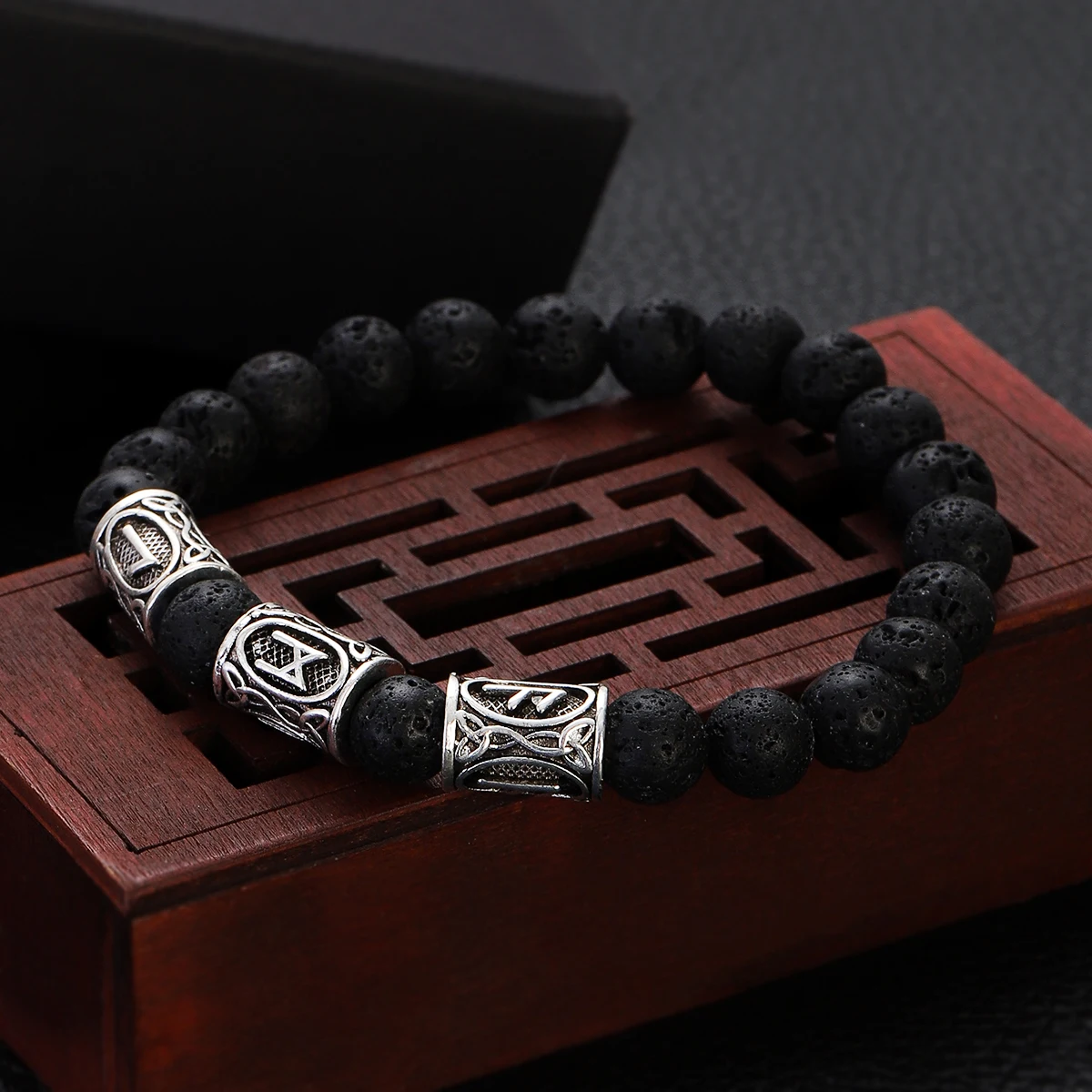 Vintage Runes Beads Charm Vikings Bracelet for Men Handmade Natural Black Onyx Stone Bracelets Homme Obsidian Viking Jewelry