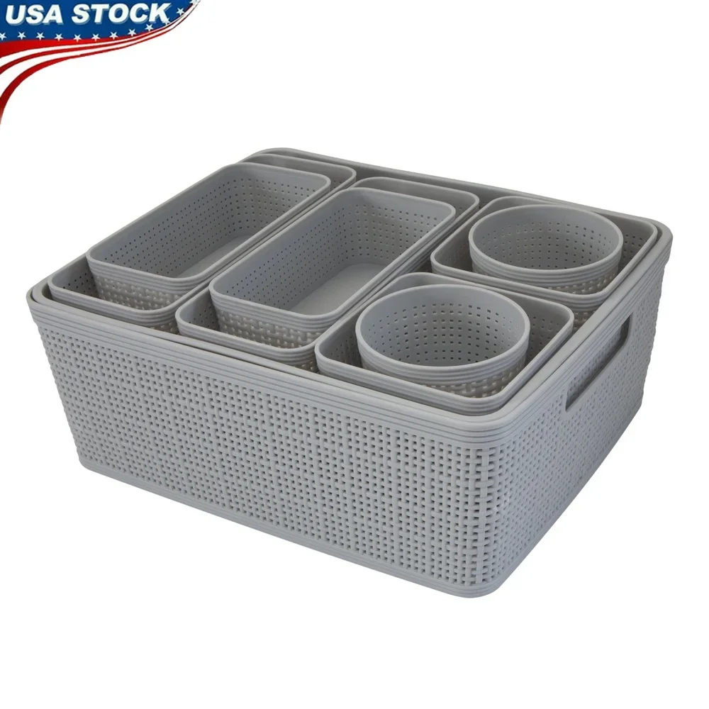 

10 Pack Plastic Organizing Storage Basket Set Office Dorm Home Organizer Multi Size Bins Soft Gray Durable Plastic Containers