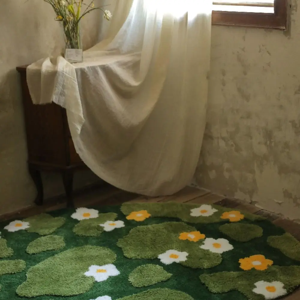 Vivid Green Moss Floral Mat Flocking Soft Non-Slip Carpet Thick Bedside Rugs For Living Room Bedroom Home Decoration