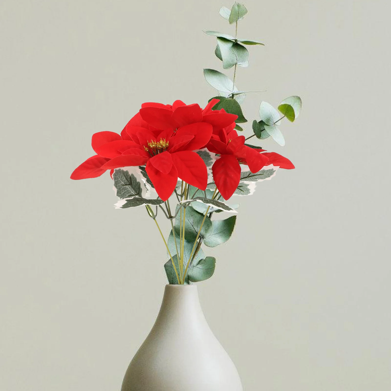 

4Pcs Artificial Poinsettia Red Floral Bouquet Christmas Stems for Indoor Holiday Dining Table Decor Flowers Realistic