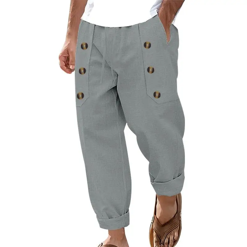 Men's Casual Cotton Pants Autumn Style Summer Beach Multi Button Straight Leg Neutral Green Color Pure Pattern mid Waist