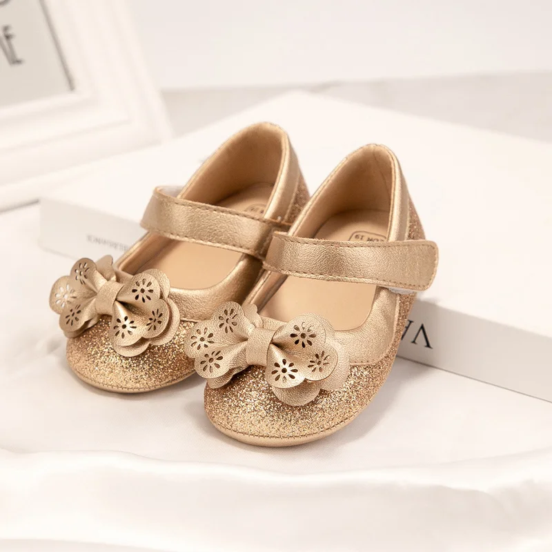 New Baby Girl Shoes Flower Gold Sparkling Bowknot Toddler Rubber Sole Anti-slip First Walkers Infant Newborn Baby Princess shoes