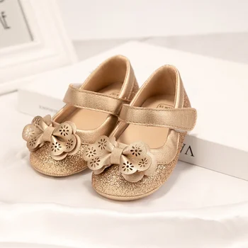 Novo bebê menina sapatos flor ouro espumante bowknot criança sola de borracha anti-deslizamento primeiros caminhantes infantil bebê recém-nascido sapatos de princesa