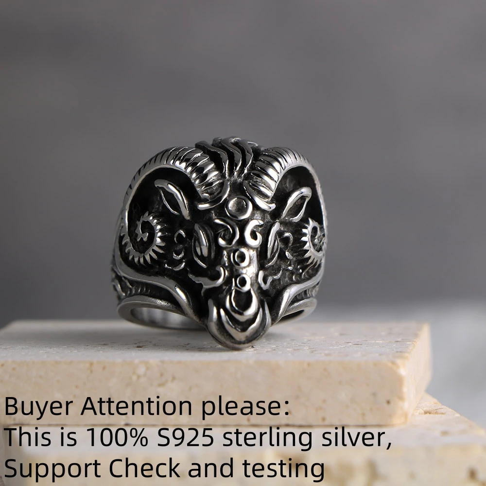 Vintage Gothic Sheep Goat Head Ring Men Women Cool Animal S925 Sterling Silver Ring Fashion Male Punk Biker Rings Jewelry