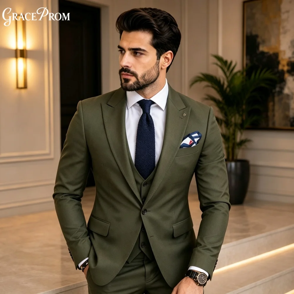 Premium Olive Green Men Suit Set 3PCS 2027 For Wedding Formal Business Groom And Best Man Outfit Stylish Customized Men's Suit
