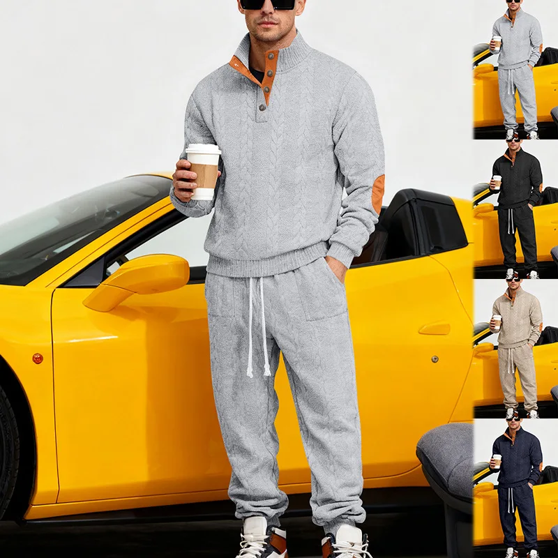 Autumn and winter new men's loose and heavy jacquard stand-up collar Henry sweater casual trousers set S-3XL