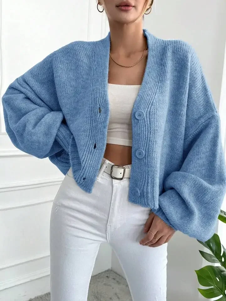 2025 autumn/winter new casual loose lantern sleeve knitted sweater long sleeved  basic Simple Knitted cardigan women
