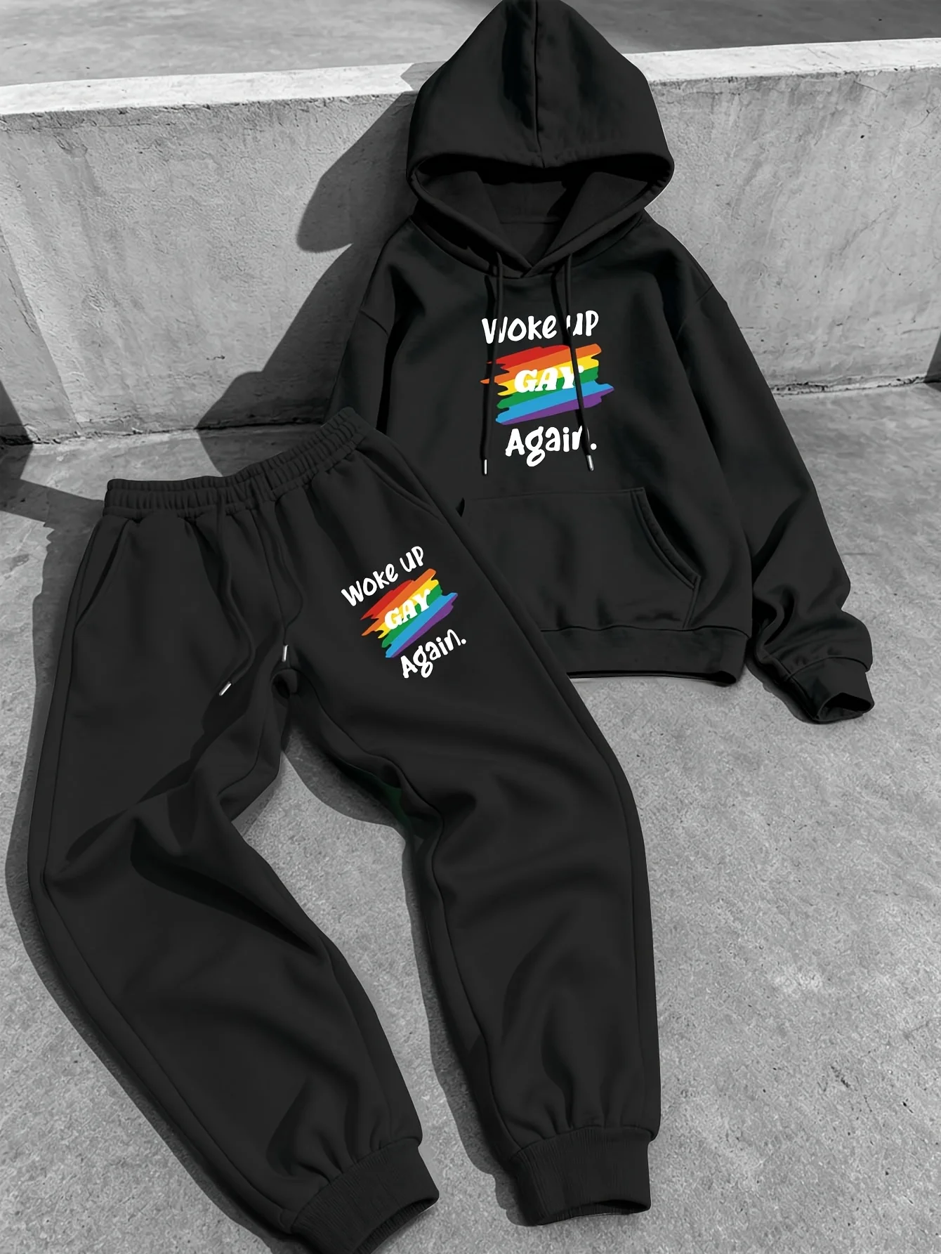 Men 2Pcs Tracksuit Woke Up Gay Again Rainbow Printed Hoodie And Jogger Pants Casual Streetwear Hooded Sweatshirt Set